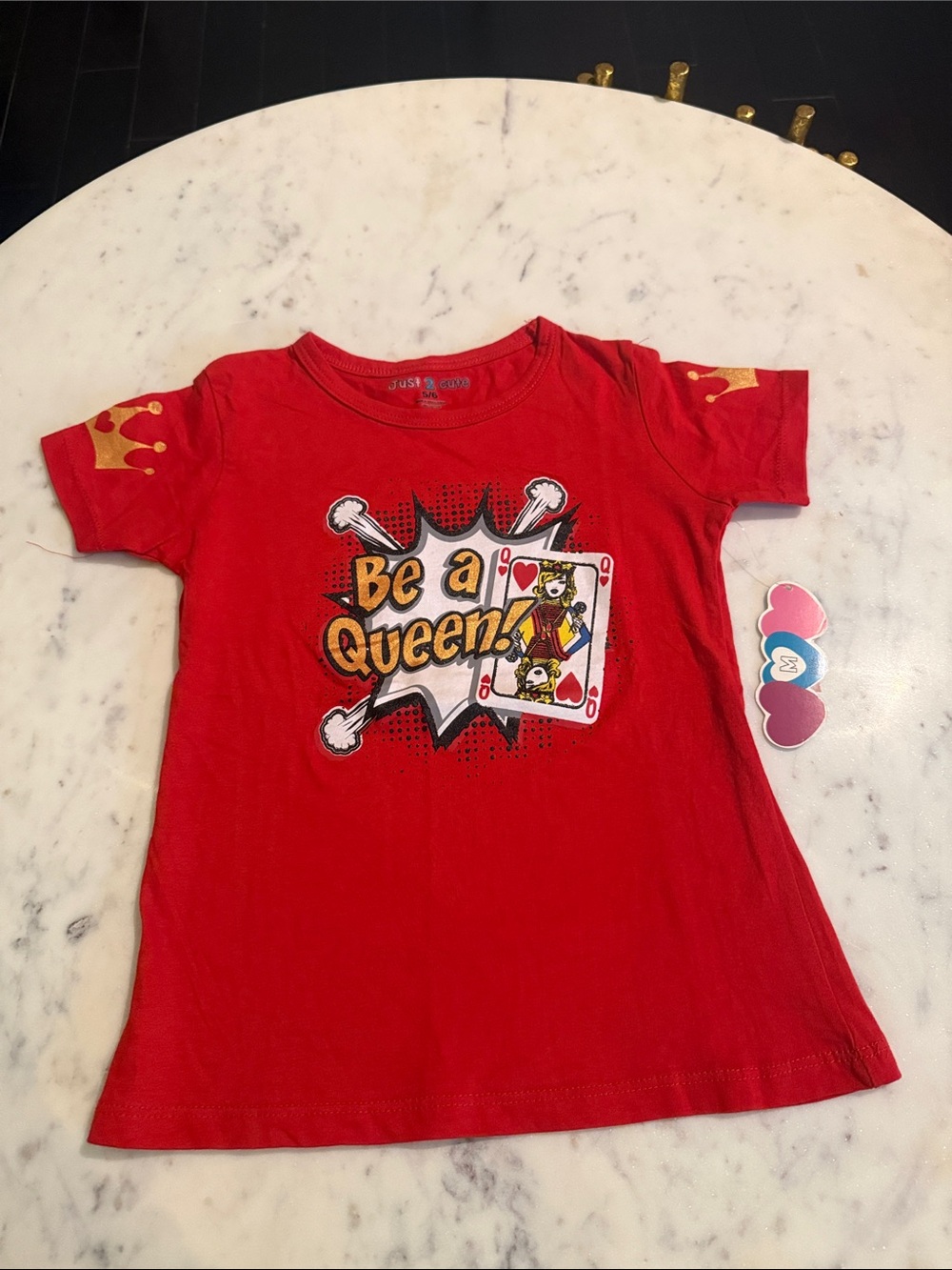 2 Cute Red Short Sleeve 'Be a Queen' Graphic Tee with Gold Crown Accents